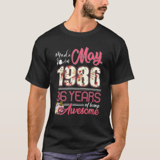 T-shirt Fabriqué En Mai 1986 Floral 36 Ans 36E Anniversair