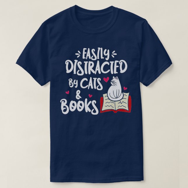 T-shirt Facilement distrait par Chats et Livres Chat Livre (Design devant)