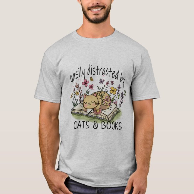 T-shirt Facilement distrait par les chats et les livres (Devant)