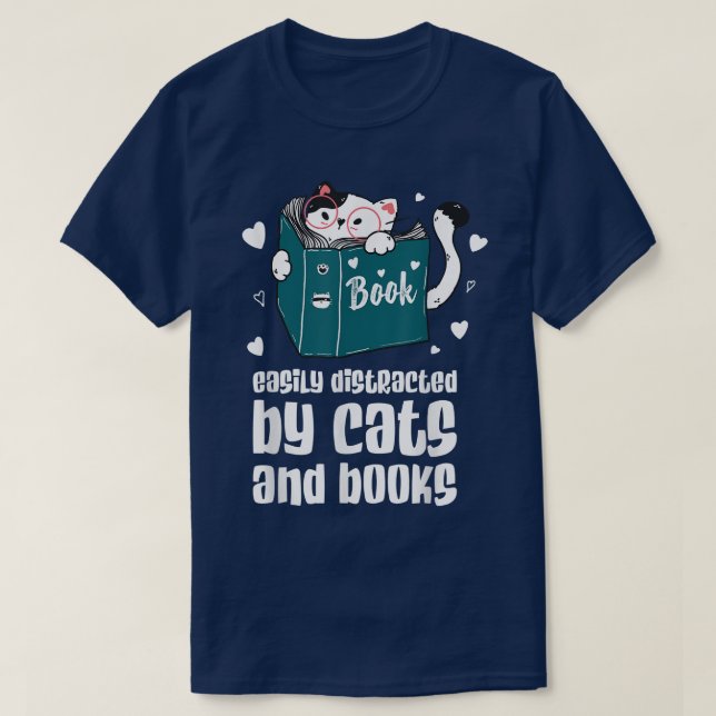 T-shirt Facilement distrait par les chats et livres Chat e (Design devant)