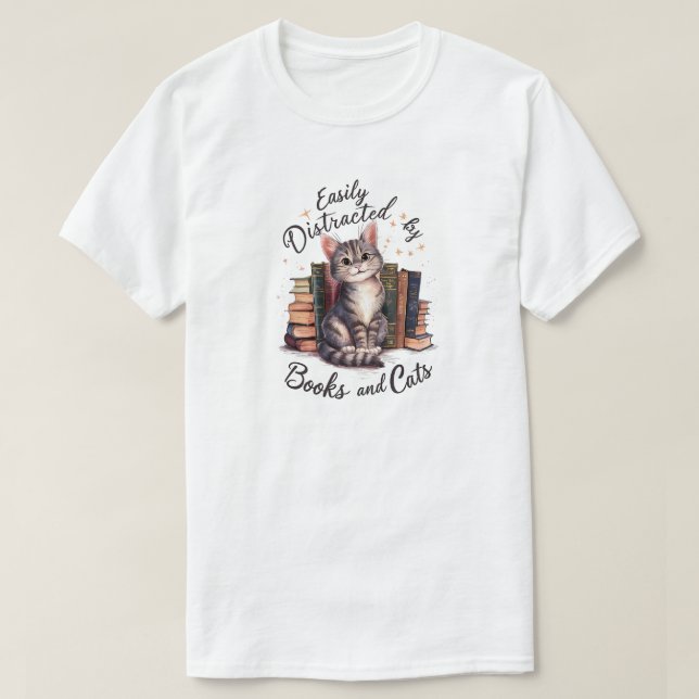T-shirt Facilement distrait par les livres et les chats (Design devant)
