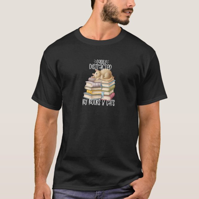 T-shirt Facilement Distrait Par Les Livres Et Les Chats (Devant)