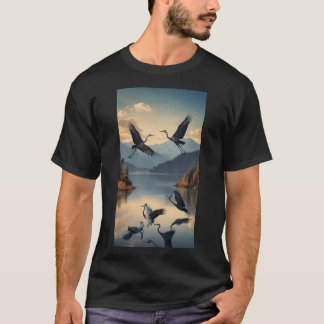 T-shirt Famille de grues survolant un lac avec des montagn