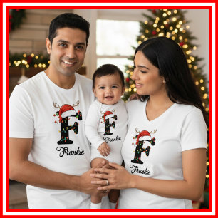T-shirt Famille Monogramme Antlers de Noël Santa Hat