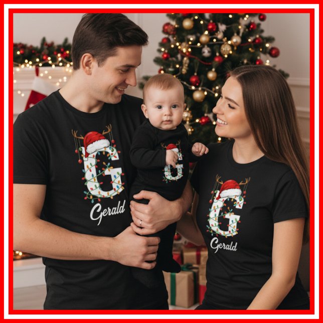 T-shirt Famille Monogramme Antlers de Noël Santa Hat (Créateur téléchargé)