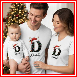 T-shirt Famille Monogramme Antlers de Noël Santa Hat