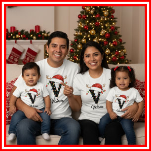 T-shirt Famille Monogramme Antlers de Noël Santa Hat