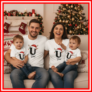 T-shirt Famille Monogramme Antlers de Noël Santa Hat