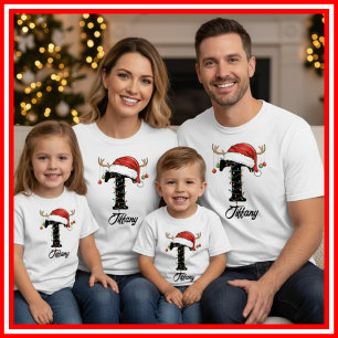 T-shirt Famille Monogramme Antlers de Noël Santa Hat