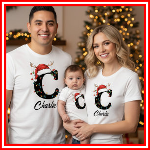T-shirt Famille Monogramme Antlers de Noël Santa Hat