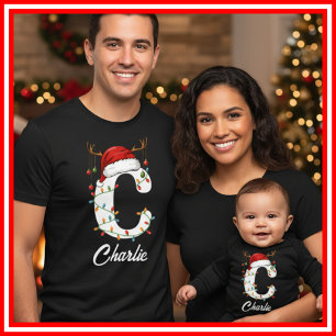 T-shirt Famille Monogramme Antlers de Noël Santa Hat