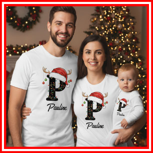 T-shirt Famille Monogramme Antlers de Noël Santa Hat