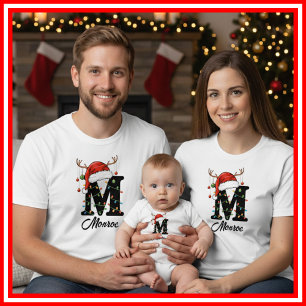 T-shirt Famille Monogramme Antlers de Noël Santa Hat