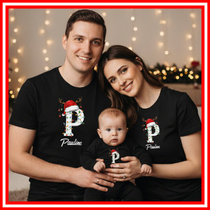 T-shirt Famille Monogramme Antlers de Noël Santa Hat