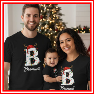 T-shirt Famille Monogramme Antlers de Noël Santa Hat