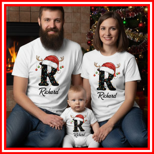 T-shirt Famille Monogramme Antlers de Noël Santa Hat