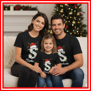 T-shirt Famille Monogramme Antlers de Noël Santa Hat