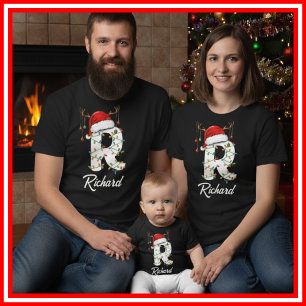 T-shirt Famille Monogramme Antlers de Noël Santa Hat