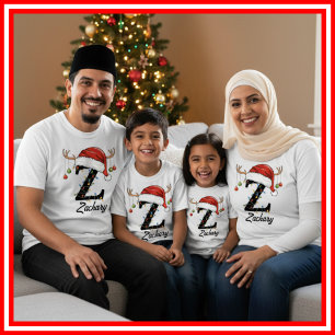 T-shirt Famille Monogramme Antlers de Noël Santa Hat