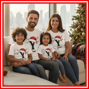 T-shirt Famille Monogramme Antlers de Noël Santa Hat