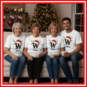 T-shirt Famille Monogramme Antlers de Noël Santa Hat