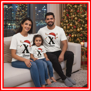 T-shirt Famille Monogramme Antlers de Noël Santa Hat