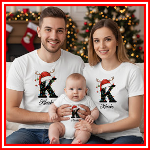 T-shirt Famille Monogramme Antlers de Noël Santa Hat