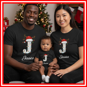 T-shirt Famille Monogramme Antlers de Noël Santa Hat