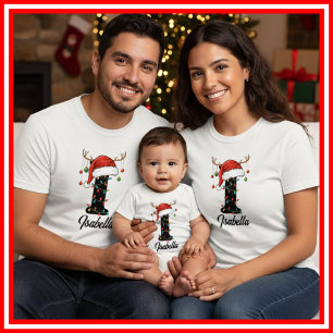 T-shirt Famille Monogramme Antlers de Noël Santa Hat