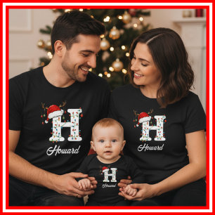 T-shirt Famille Monogramme Antlers de Noël Santa Hat