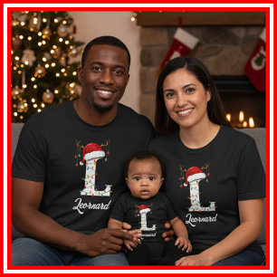 T-shirt Famille Monogramme Antlers de Noël Santa Hat