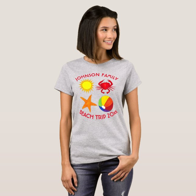 T-shirt Famille Plage Vacances Starfish Crab Beachball Sun (Devant entier)