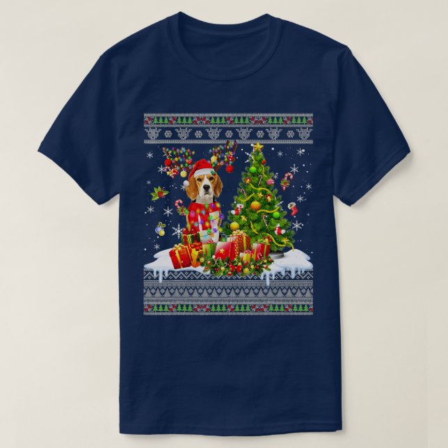 T-shirt Fantaisie Noël Lumières Beagle Chien Drôle Noël Fa (Design devant)