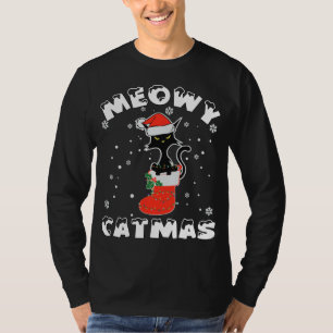 T-shirt Fantaisie Noire Chat lumières de Noël Joyeux Meowy