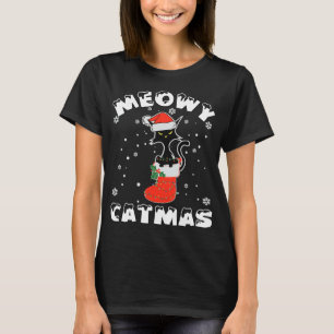 T-shirt Fantaisie Noire Chat lumières de Noël Joyeux Meowy