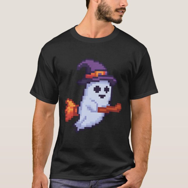 T-shirt Fantôme de pixels sur un balai – Design rétro Hall (Devant)