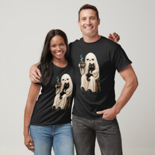T-shirt Fantôme Lunatique avec Chat Noir et Café "Meh"