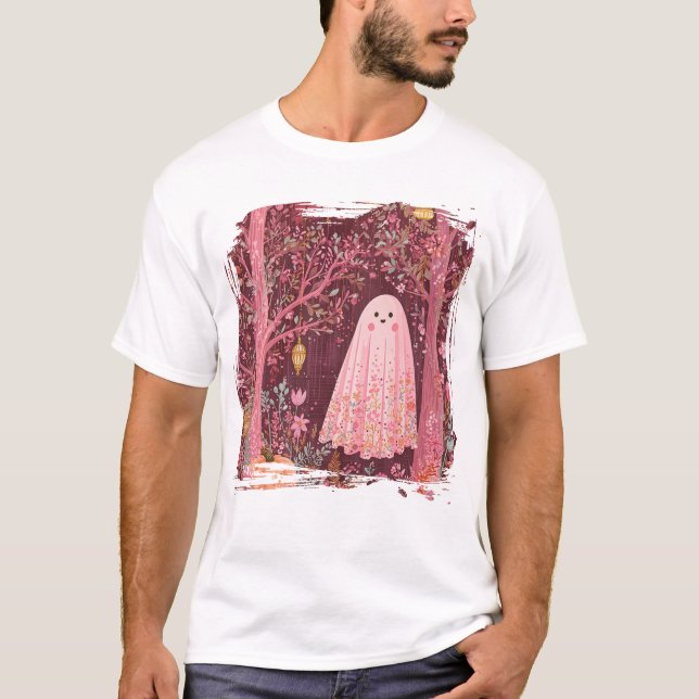 T-shirt Fantôme rose géant dans la forêt florale enchantée (Devant)