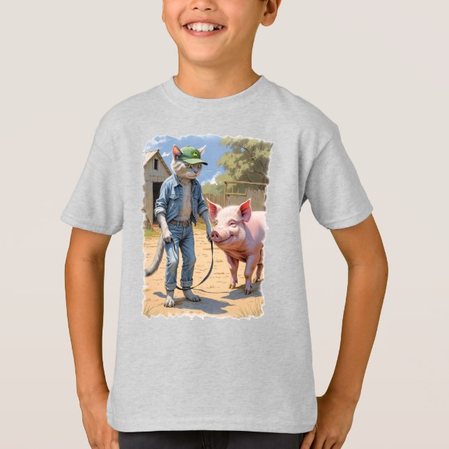 T-shirt Farm Cat dans le nid avec son joyeux cochon! (Devant)