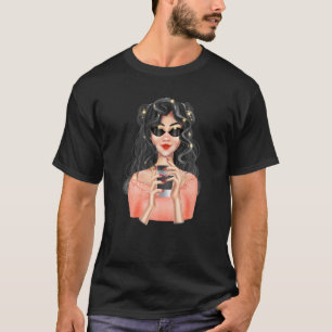 T-shirt Fashion Blonde Girl with Cup of Coffee with Black