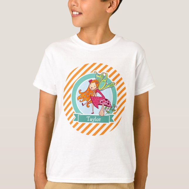 T-shirt Fée mignonne sur Champignons; Orange et Blancs (Devant)
