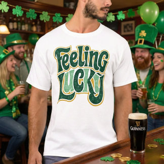 T-shirt Feeling Lucky Retro Groovy Distressed Green Gold