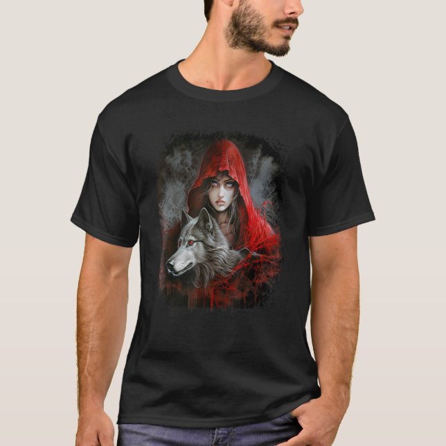 T-shirt Femme avec capuche en rouge et gris Wolf Imaginair (Devant)