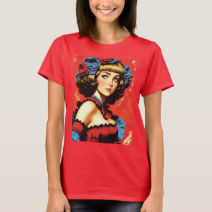 T-shirt Femme Blonde Vintage En Rouge Et Bleu