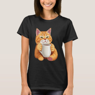 T-shirt Femme Chat Roux Mignon Graphisme Café