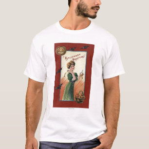 T-shirt Femme dans la robe verte épluchant Apple