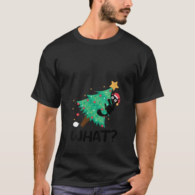 T-shirt Femme mignonne Chat Noir Poussant Arbre de Noël Dr (Devant)