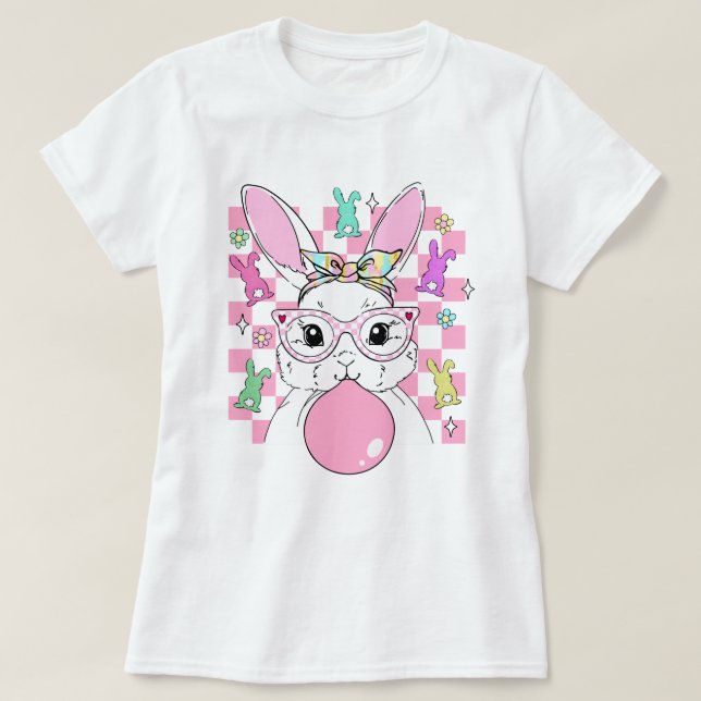 T-shirt Femme Retro À damiers lapin rose de Pâques (Design devant)