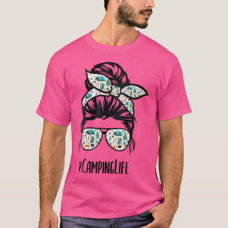 T-shirt Femmes Camping Vie Messy Bun Cheveux Fête Des Mère