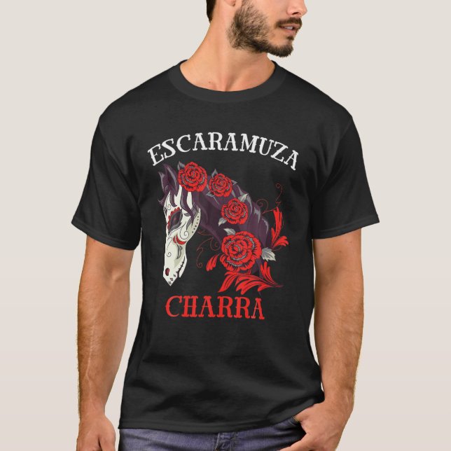 T-shirt Femmes Cheval Sugar Crâne Rouge Roses Escaramuza C (Devant)